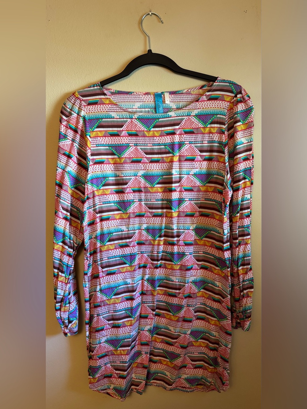 Lucy Paris Multicolor Geometric Long Sleeve Dress- Pink, Teal & Yellow